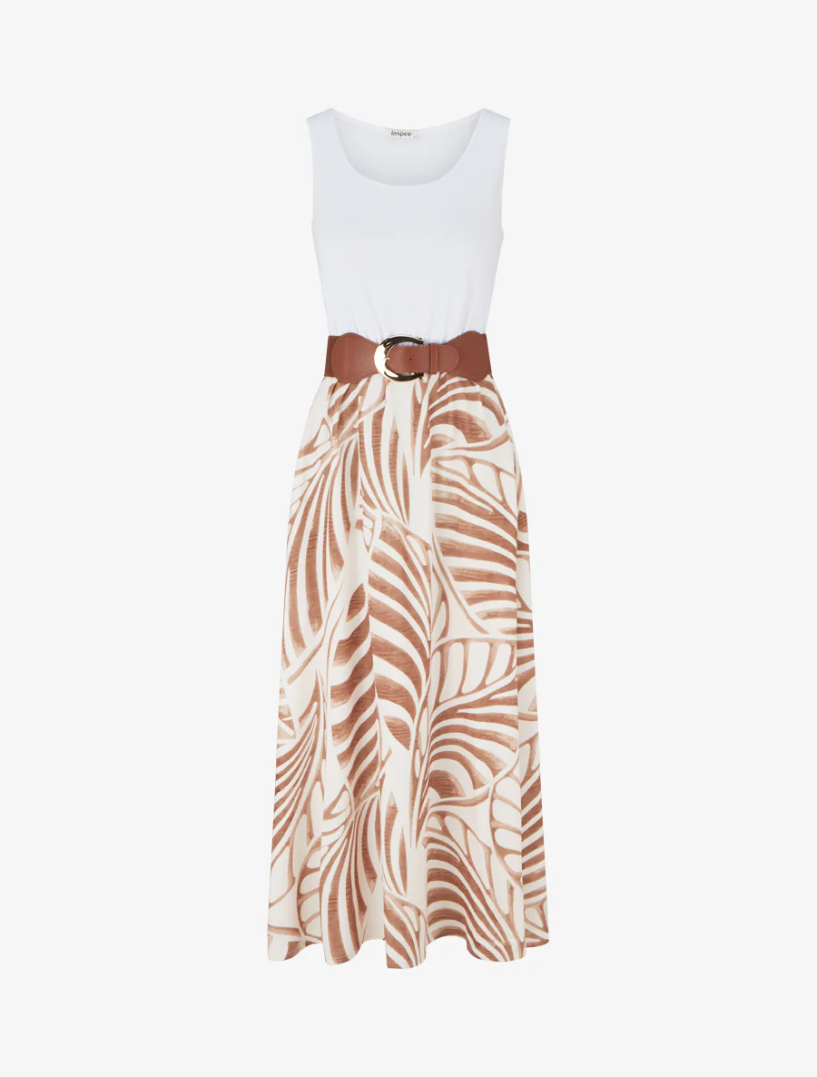 Mouwloze lange jurk met bladdessin - Donker beige