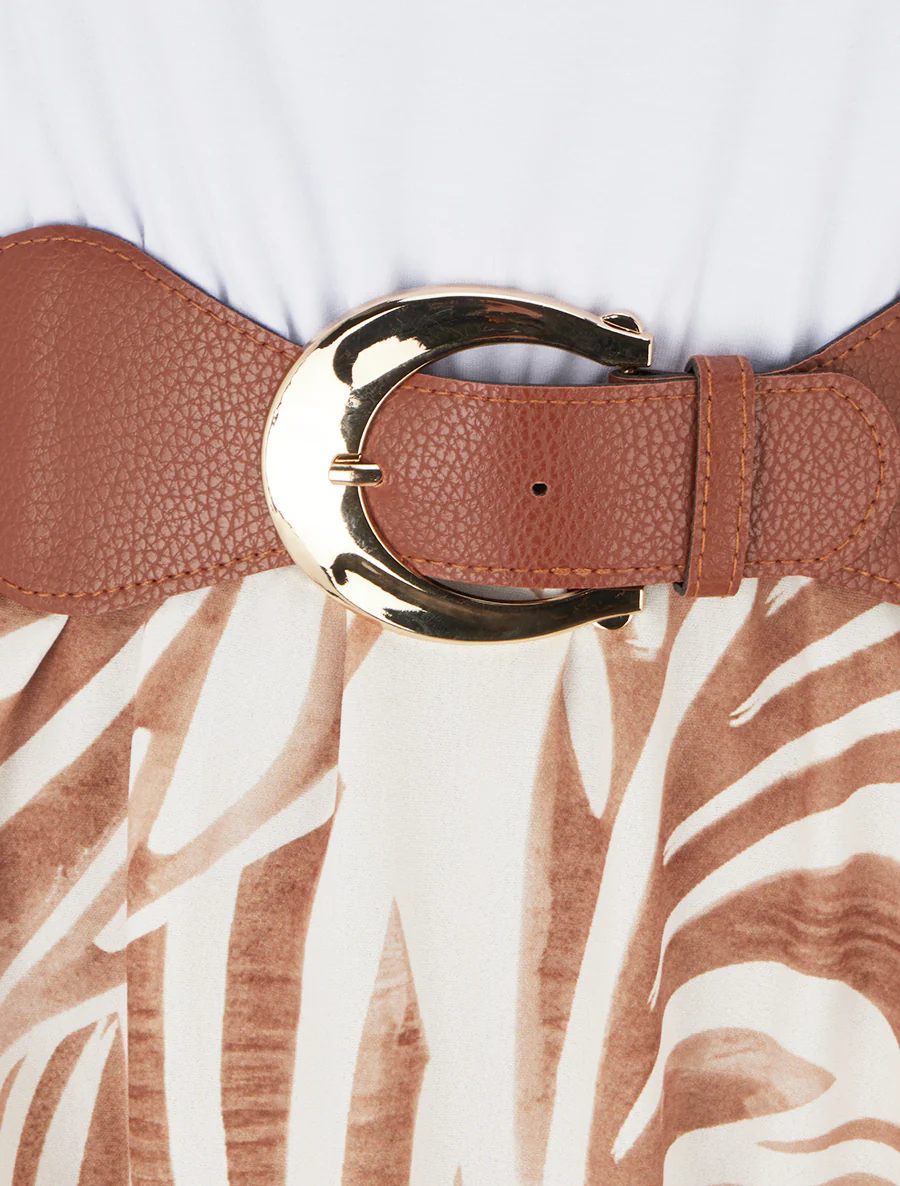 Mouwloze lange jurk met bladdessin - Donker beige - Image 3