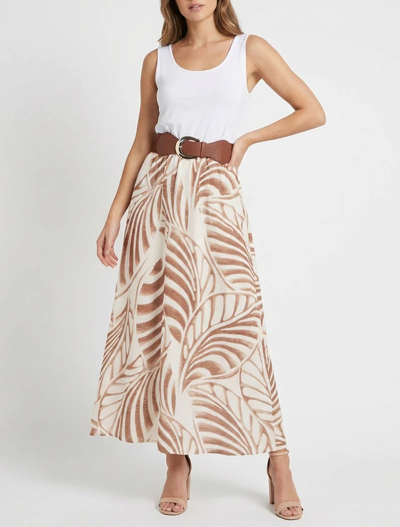 Mouwloze lange jurk met bladdessin - Donker beige - Image 4