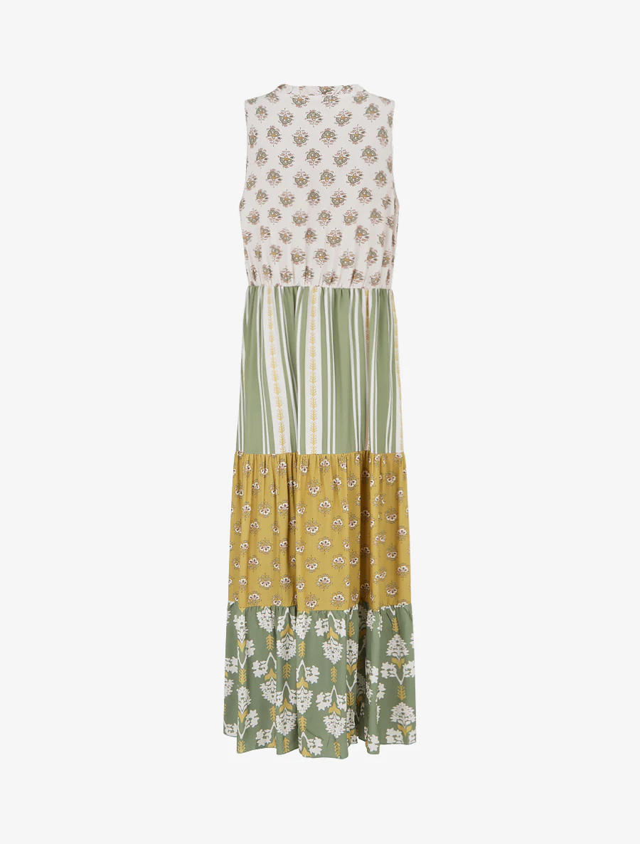 Mouwloze lange jurk met bloemenpatchwork - Kaki - Image 2
