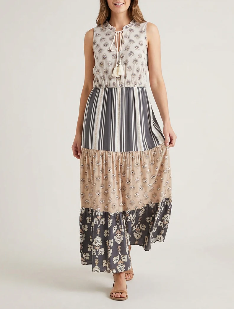 Mouwloze lange jurk met bloemenpatchwork - Zwart - Image 4