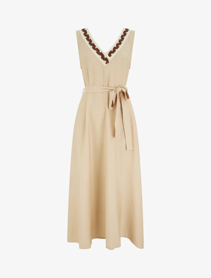 Mouwloze lange jurk met fantasie V-hals - Beige