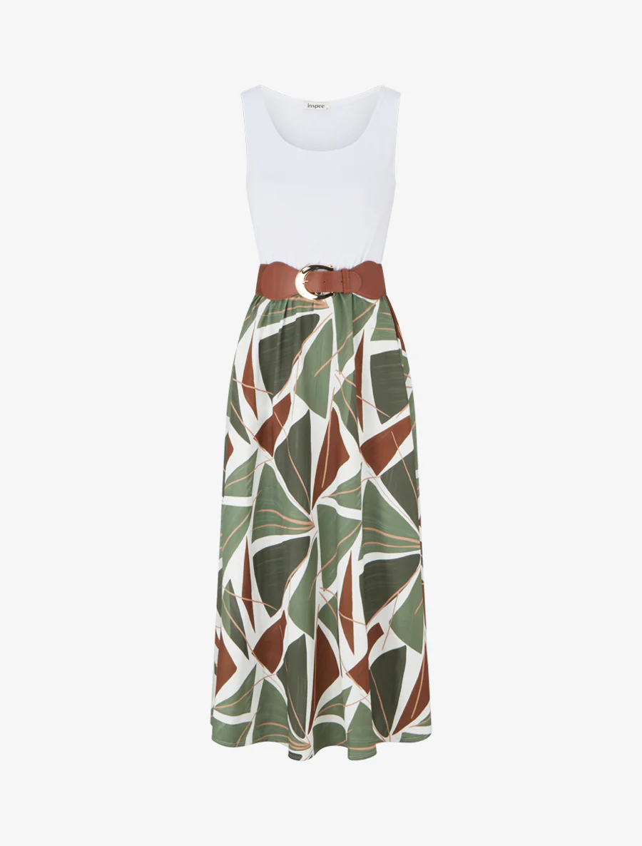 Mouwloze lange jurk met grafische print - Kaki