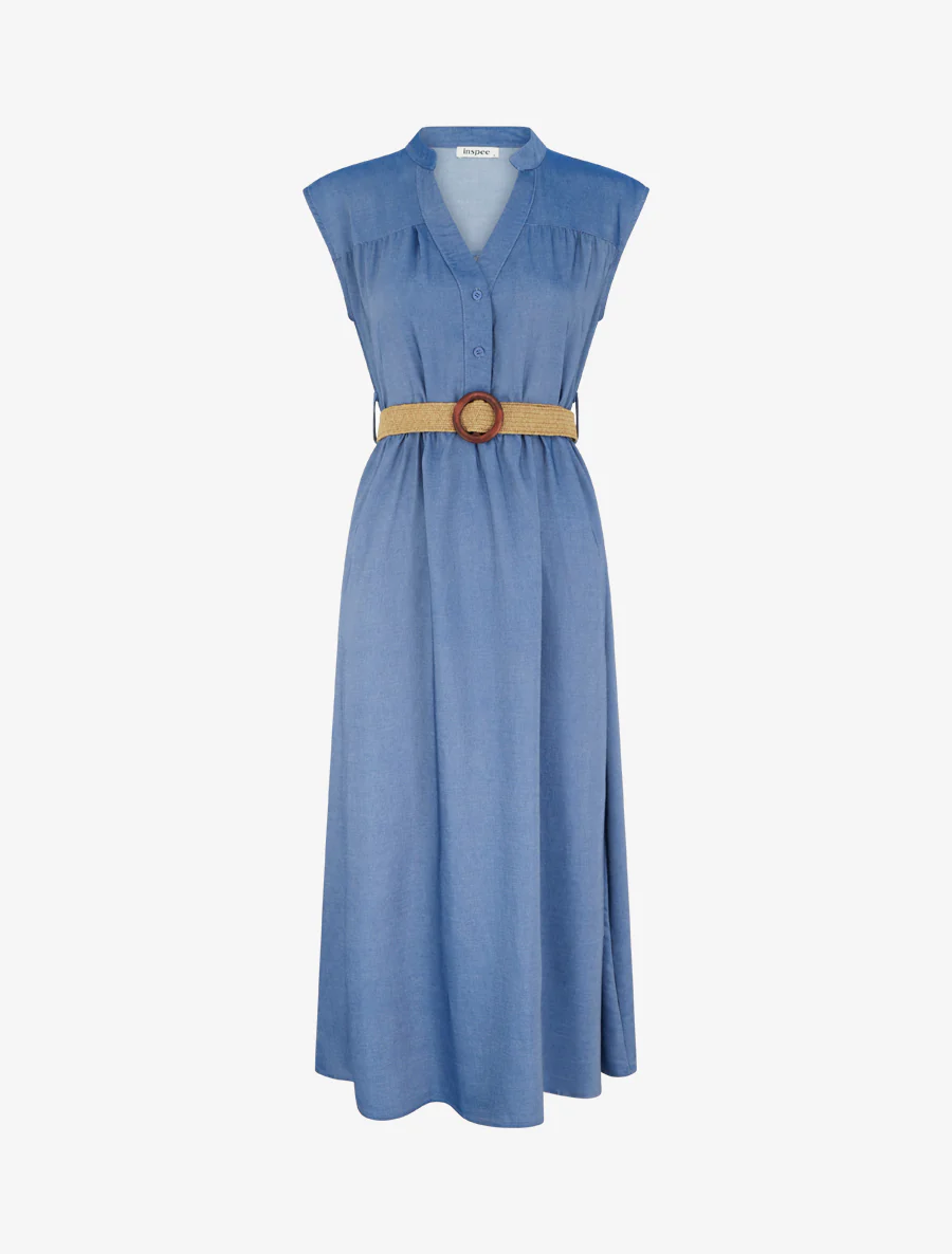 Mouwloze lange jurk met knoopsluiting bij de kraag - Donkerblauw