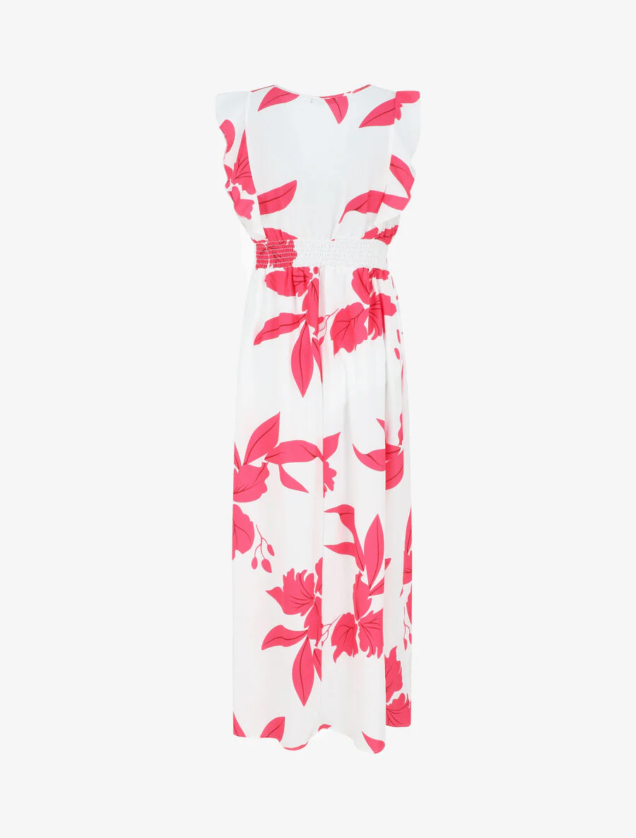 Mouwloze lange jurk met ruches en plantenmotief - wit - Image 2