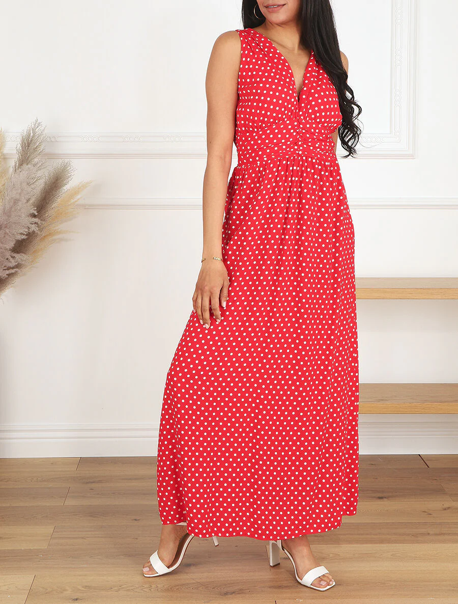Mouwloze lange jurk met stipjes - Rood - Image 4