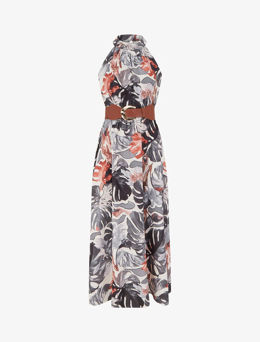 Mouwloze lange jurk met tropische print - Zwart