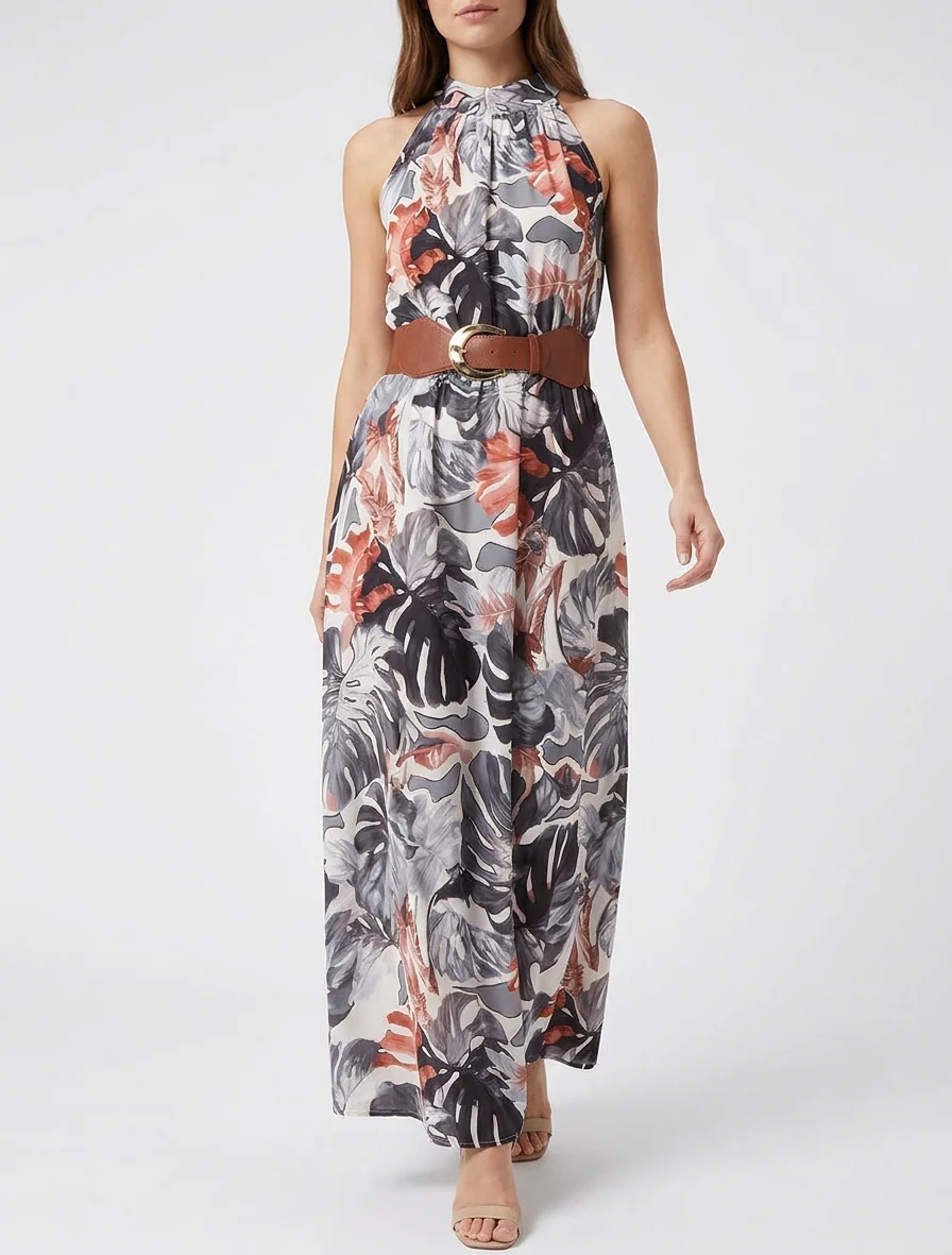 Mouwloze lange jurk met tropische print - Zwart - Image 4