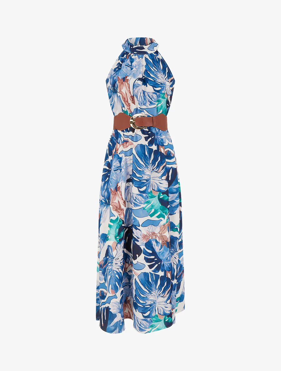 Mouwloze lange jurk met tropische print - Marine