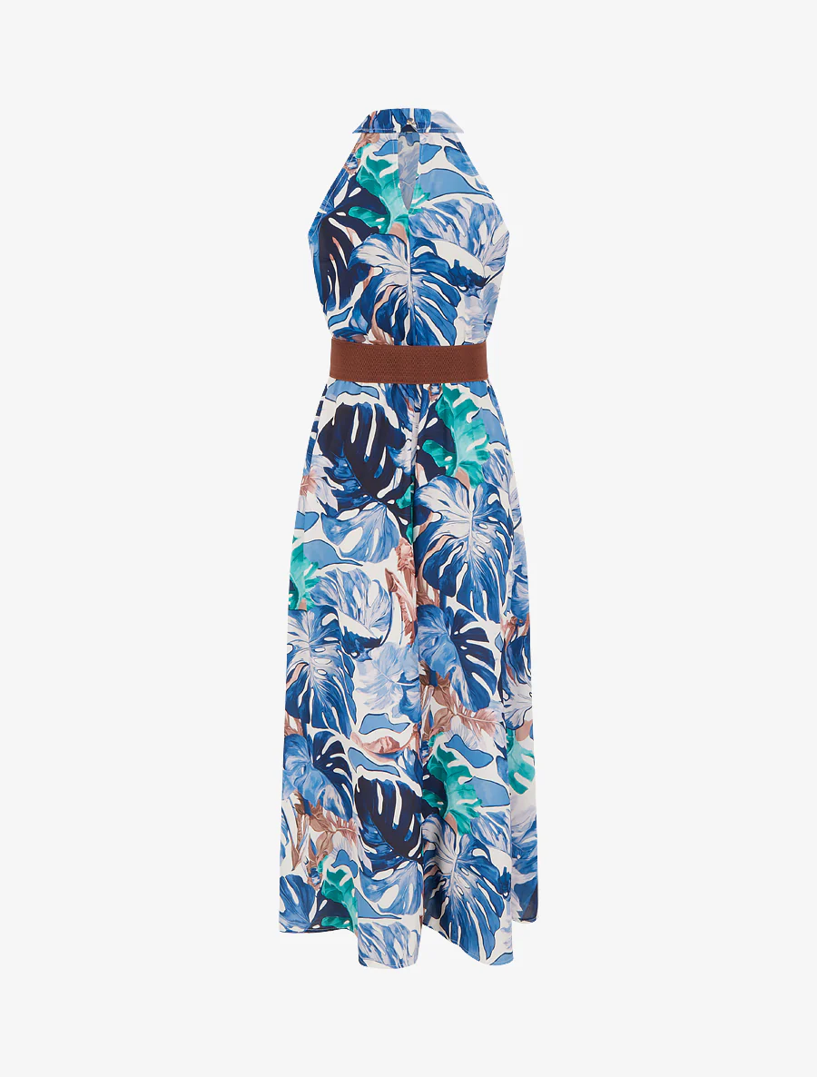 Mouwloze lange jurk met tropische print - Marine - Image 2