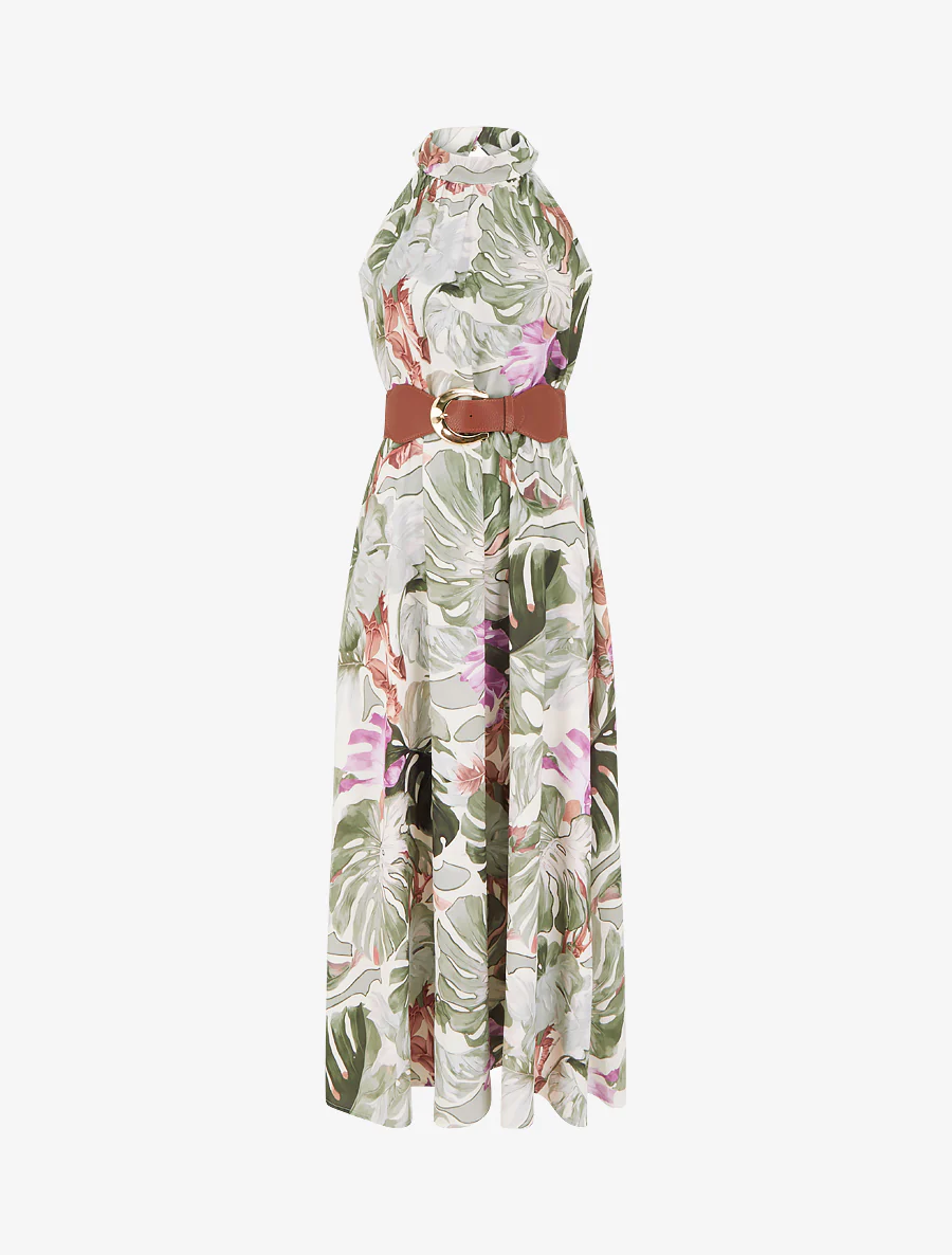 Mouwloze lange jurk met tropische print - Kaki