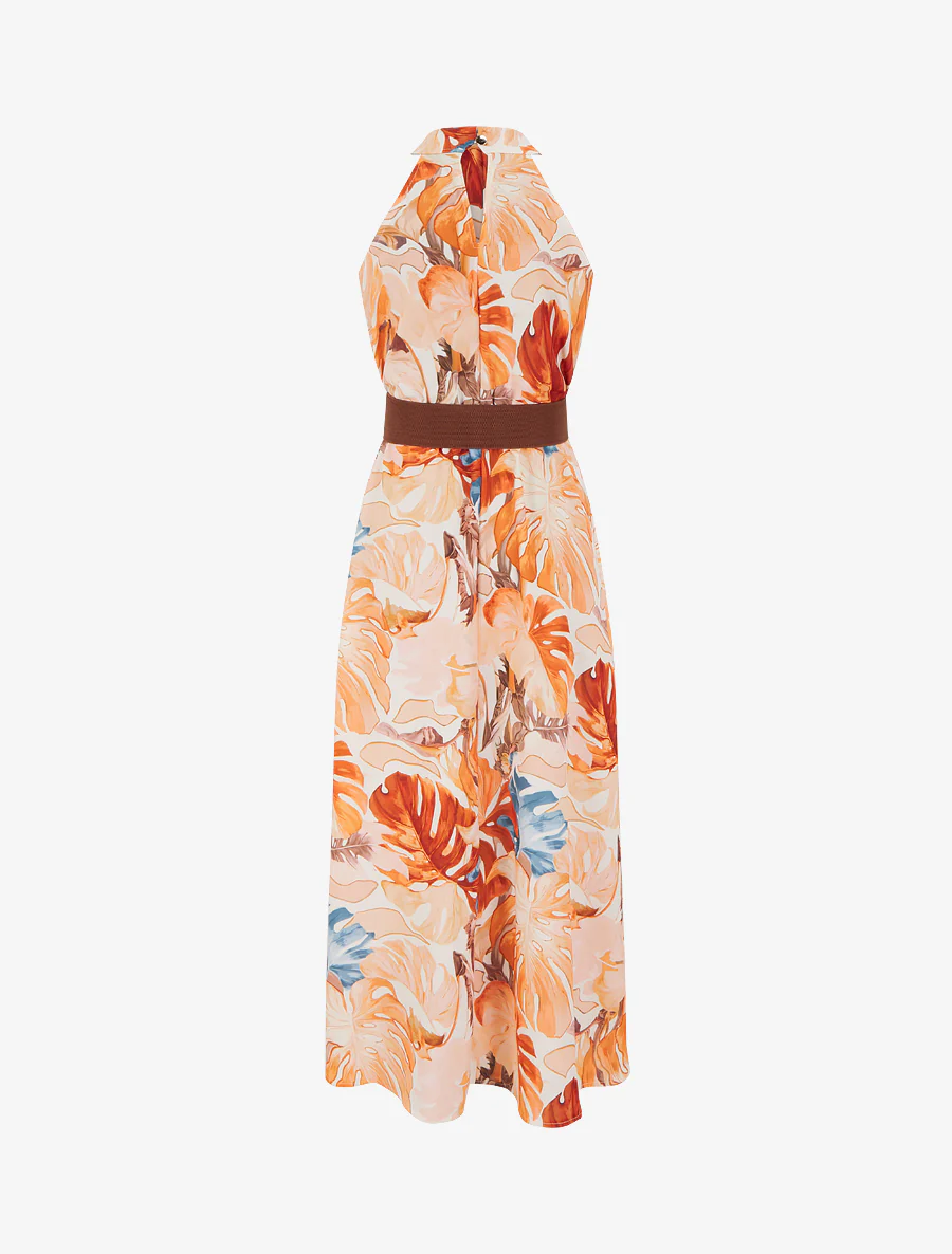 Mouwloze lange jurk met tropische print - Oranje - Image 2