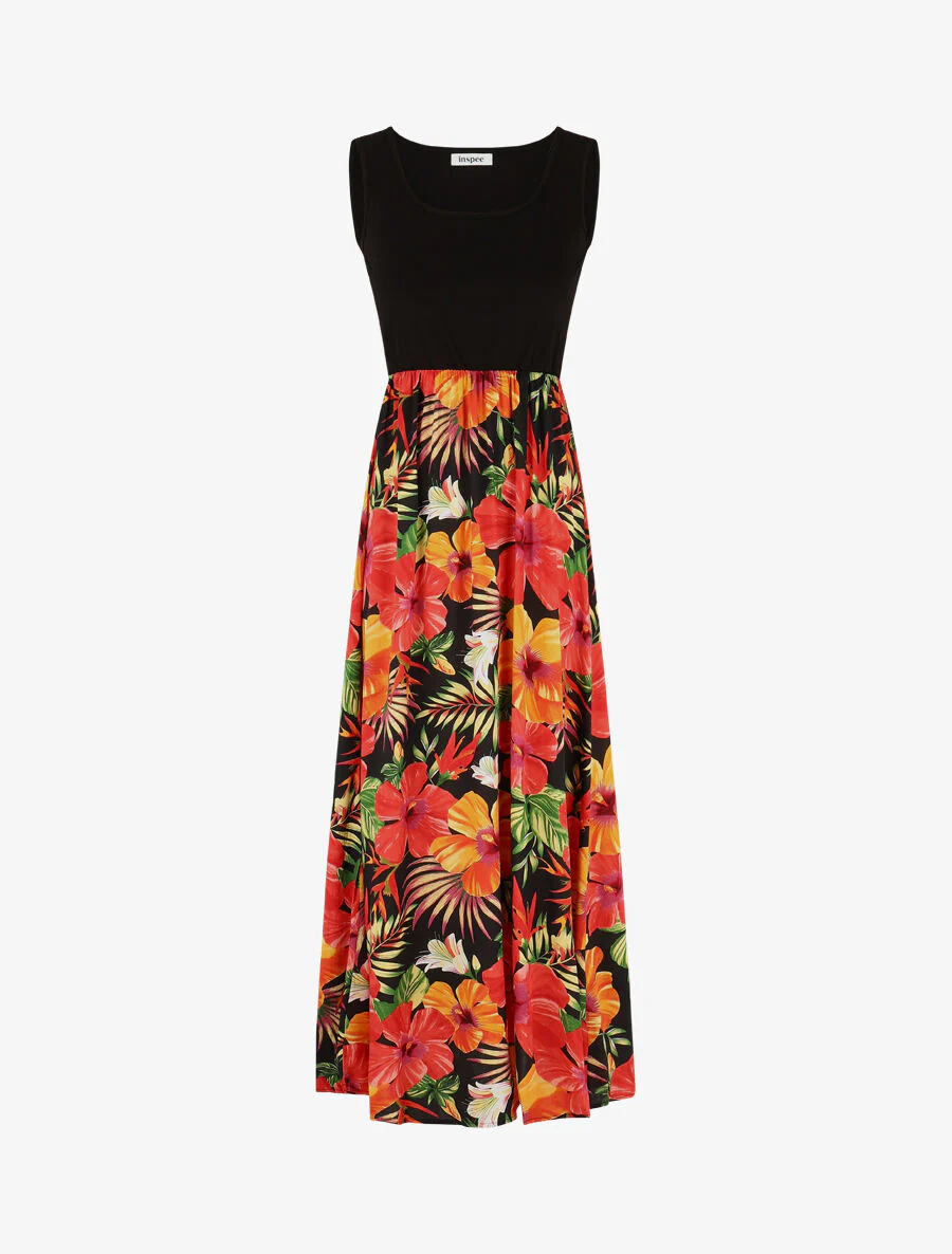 Mouwloze maxi-jurk met tropische print - Zwart