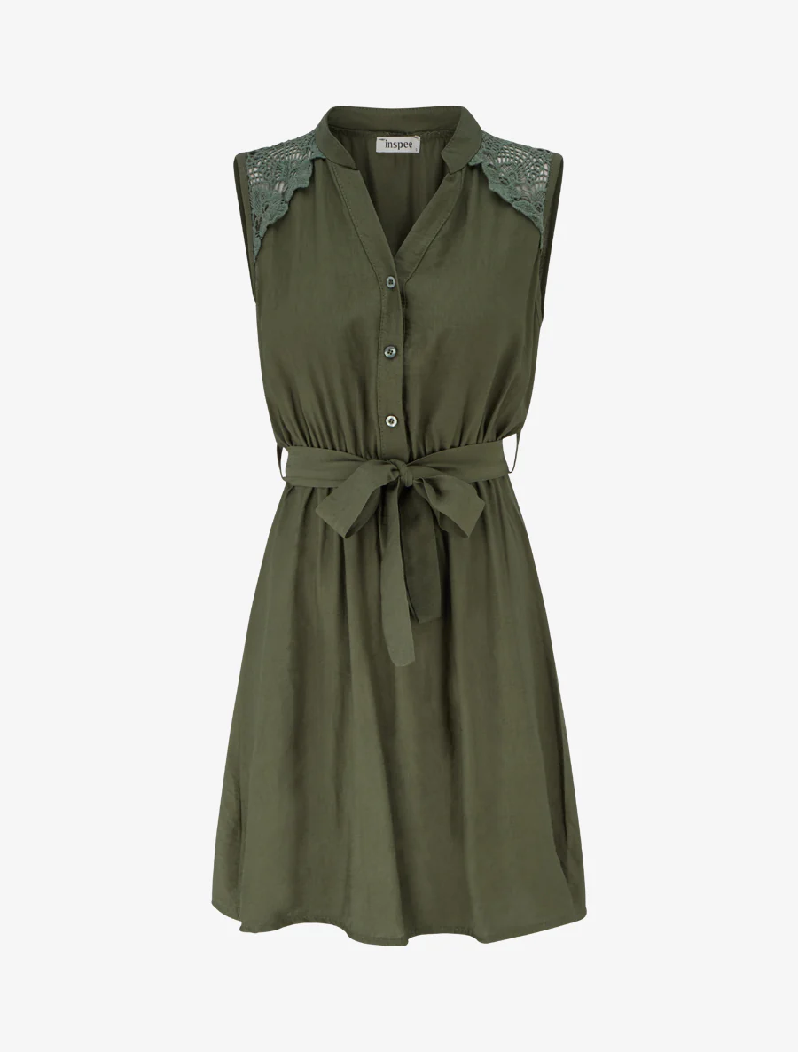 Mouwloze midi-jurk met knopen - Kaki