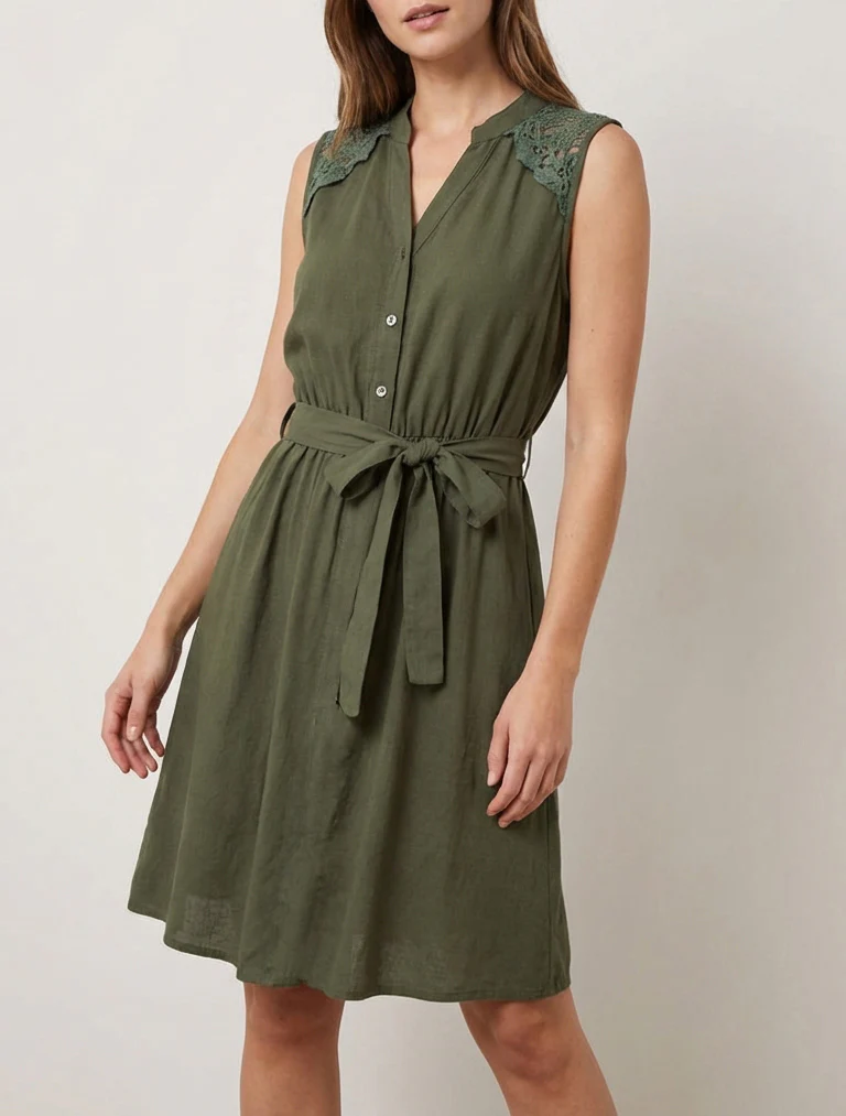 Mouwloze midi-jurk met knopen - Kaki - Image 4