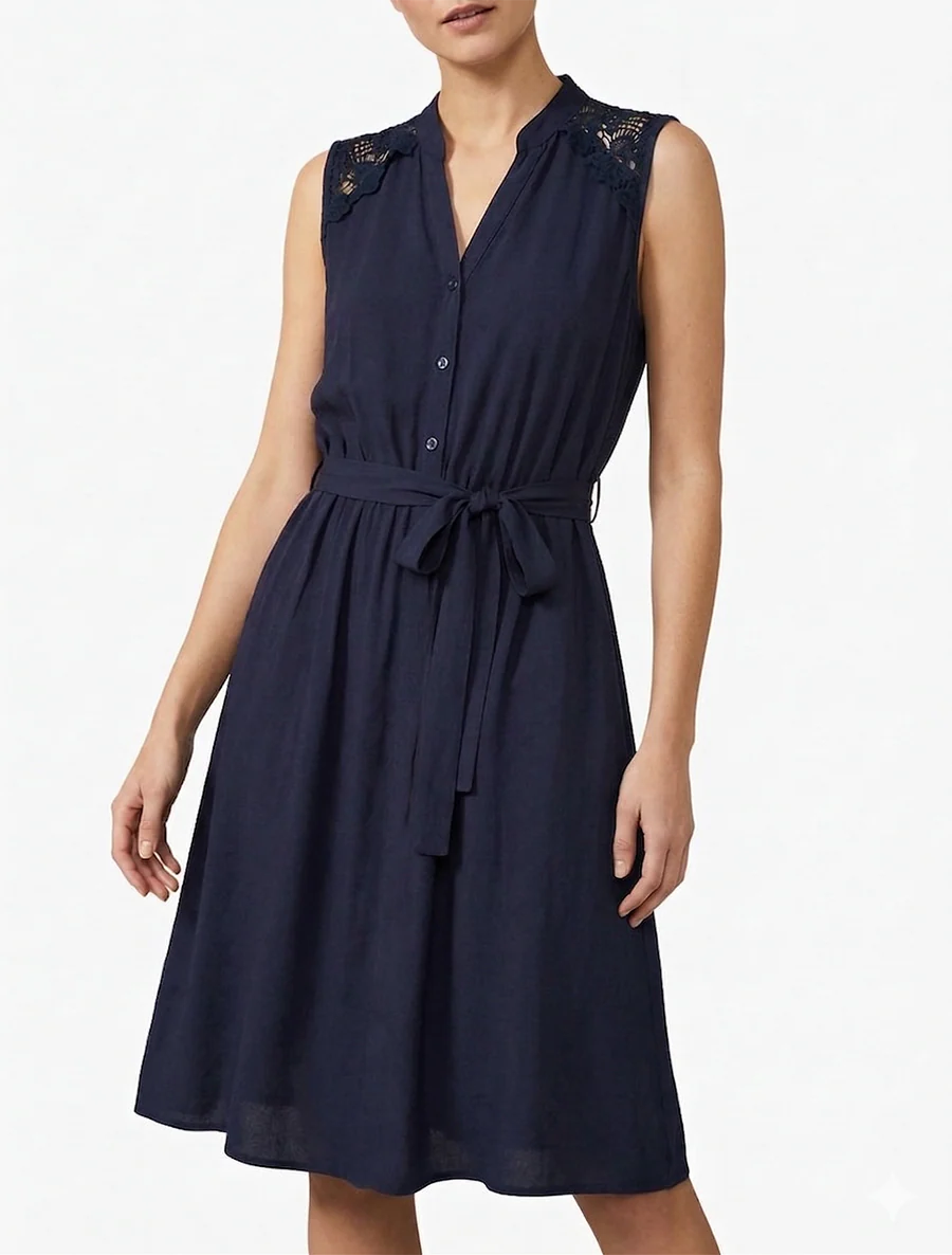 Mouwloze midi-jurk met knopen - Marine - Image 4