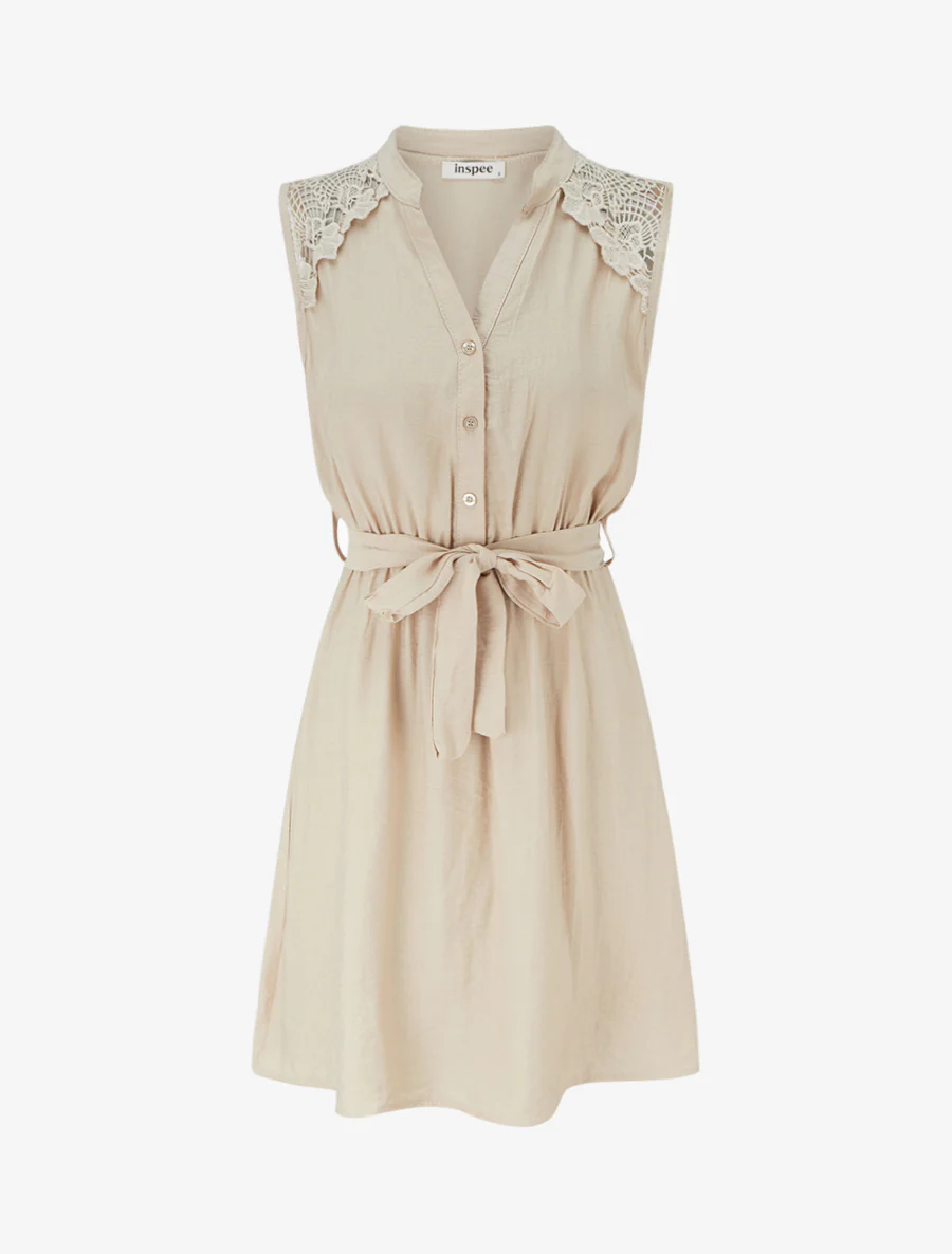 Mouwloze midi-jurk met knopen - Beige