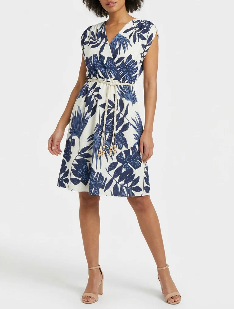 Mouwloze midi-jurk met tropische print - Marine - Image 4