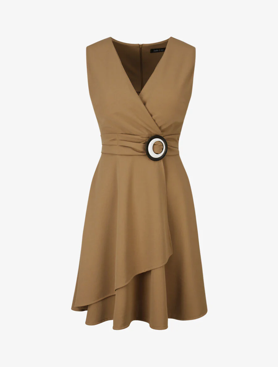 Mouwloze plooirok met ronde knoopdetail - Camel