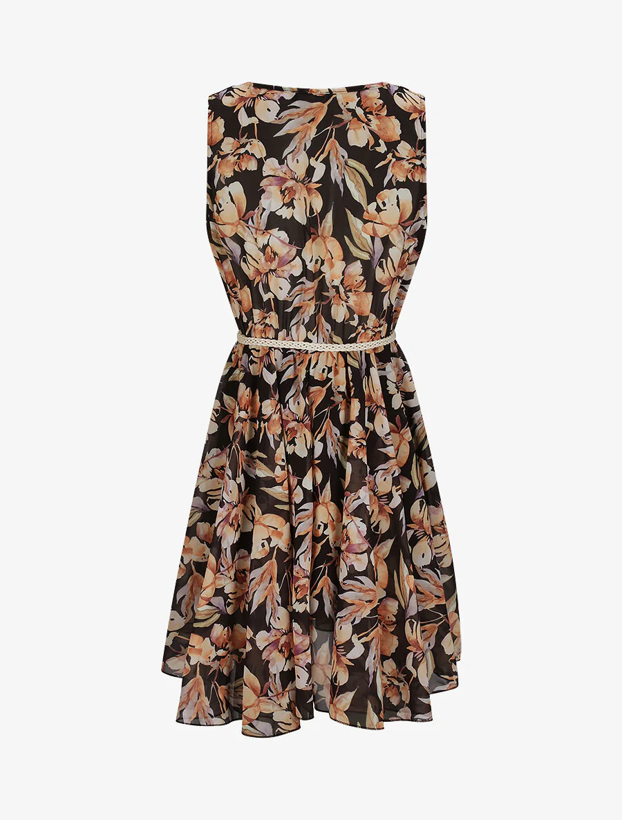 Mouwloze romantische bloemenprint plissé rok - Zwart - Image 2
