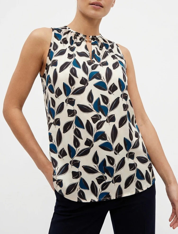 Mouwloze satijnen top met bladerenprint - Zwart - Image 4