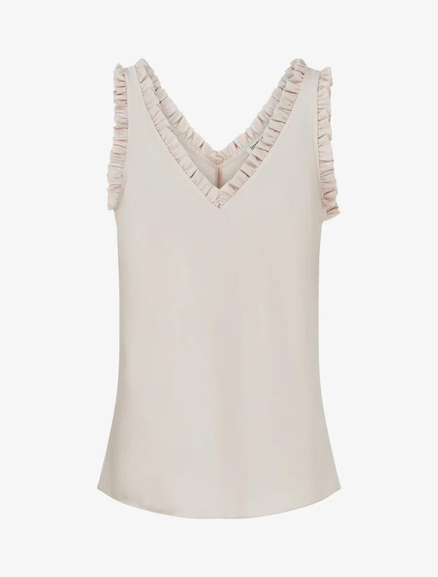 Mouwloze satijnen top met rucheskraag - Beige
