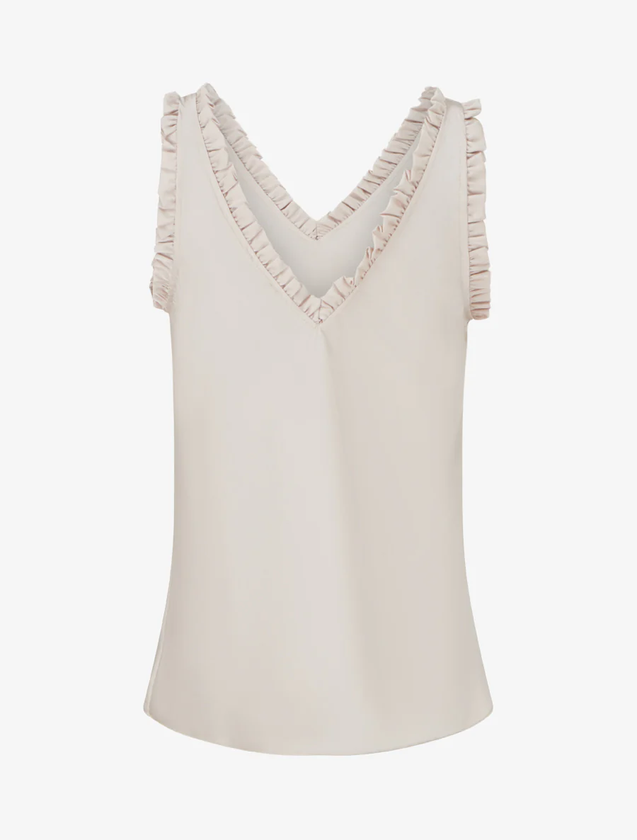 Mouwloze satijnen top met rucheskraag - Beige - Image 2