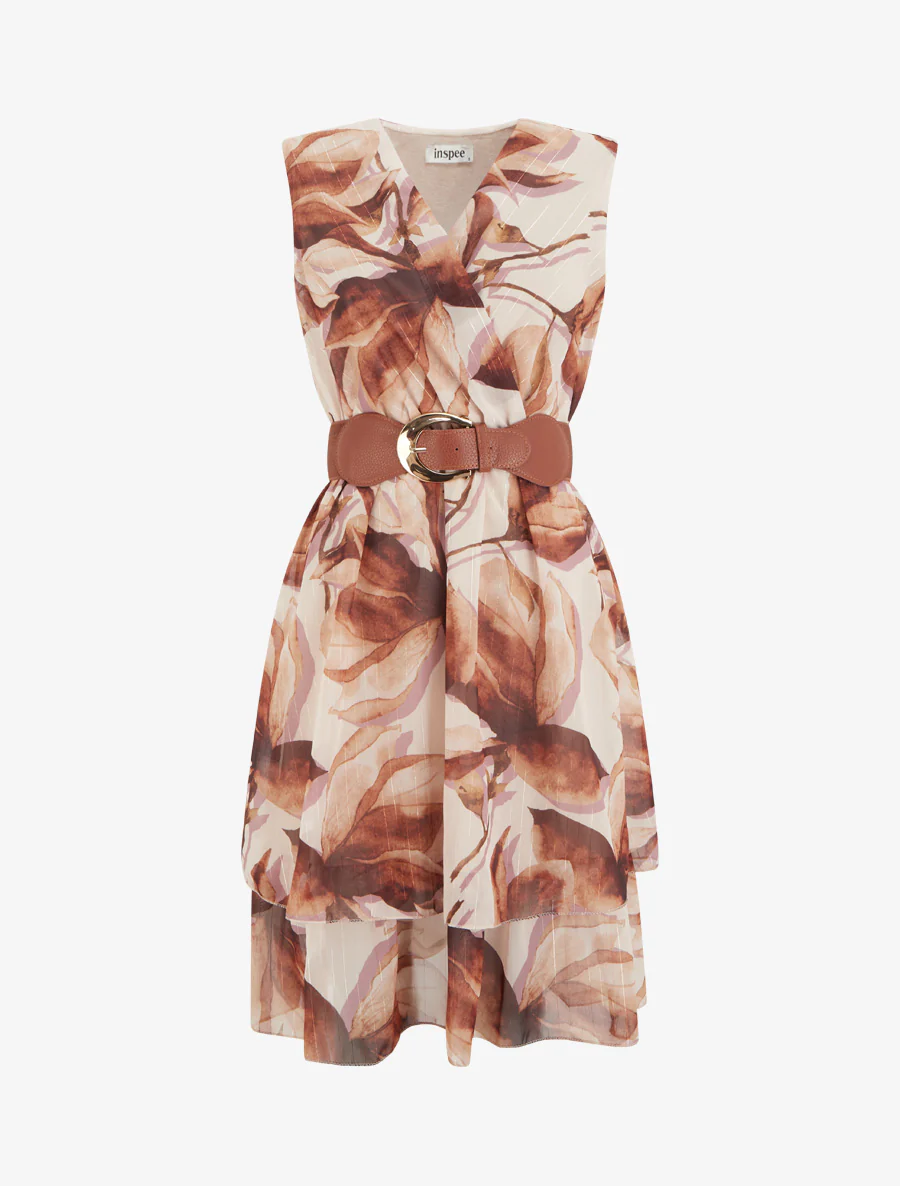 Mouwloze skaterjurk met grote bloemenprint - Bruin