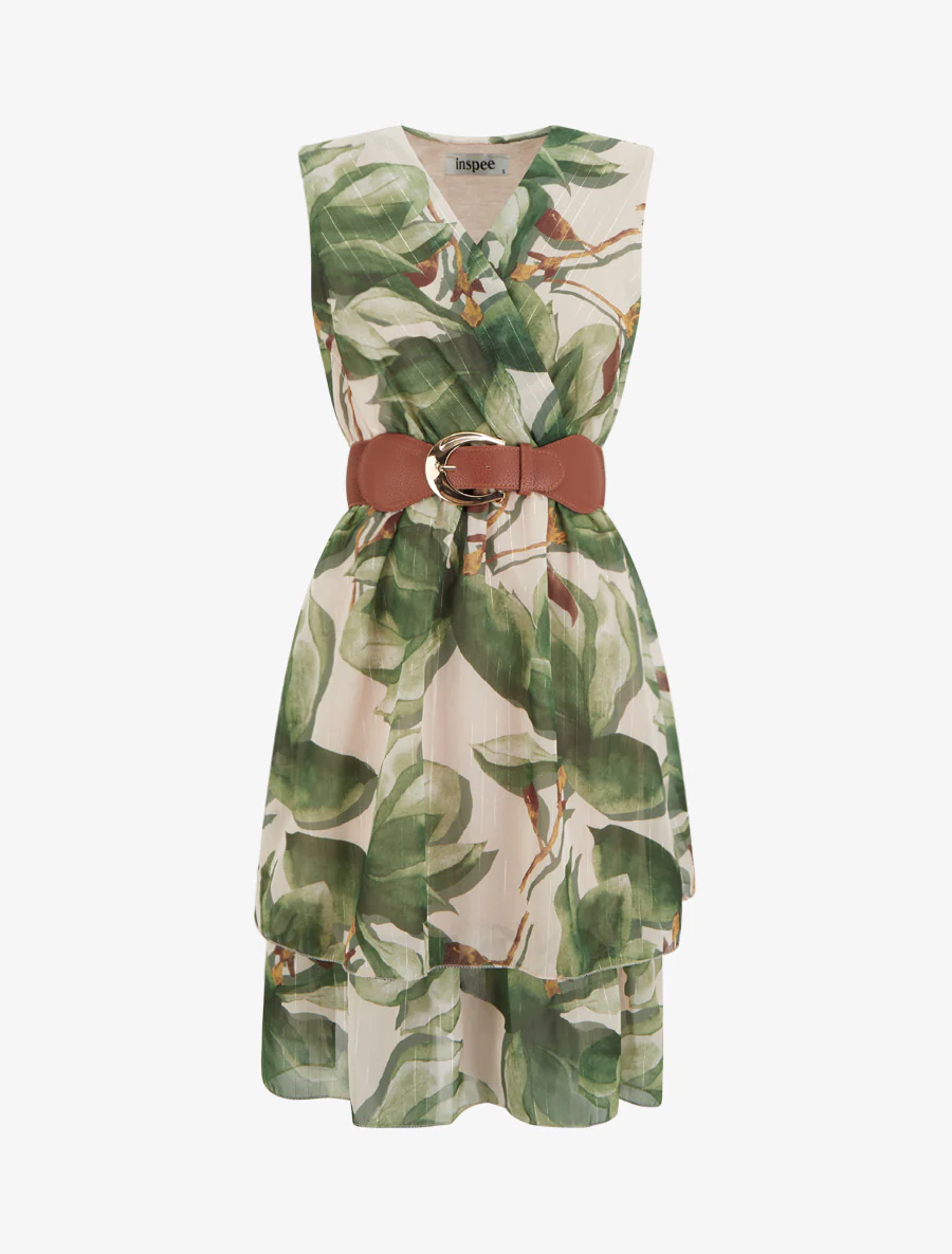 Mouwloze skaterjurk met grote bloemenprint - Kaki