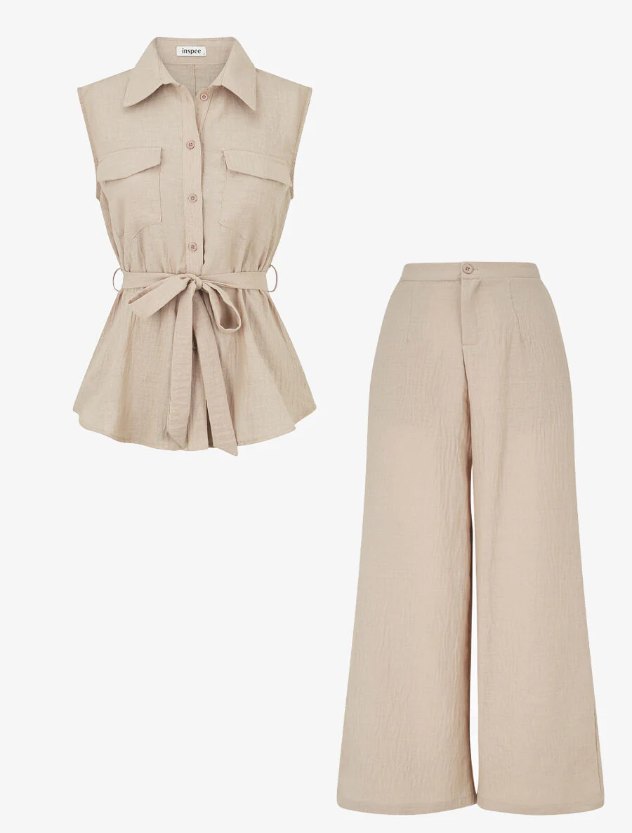 Mouwloze top en broek - Beige