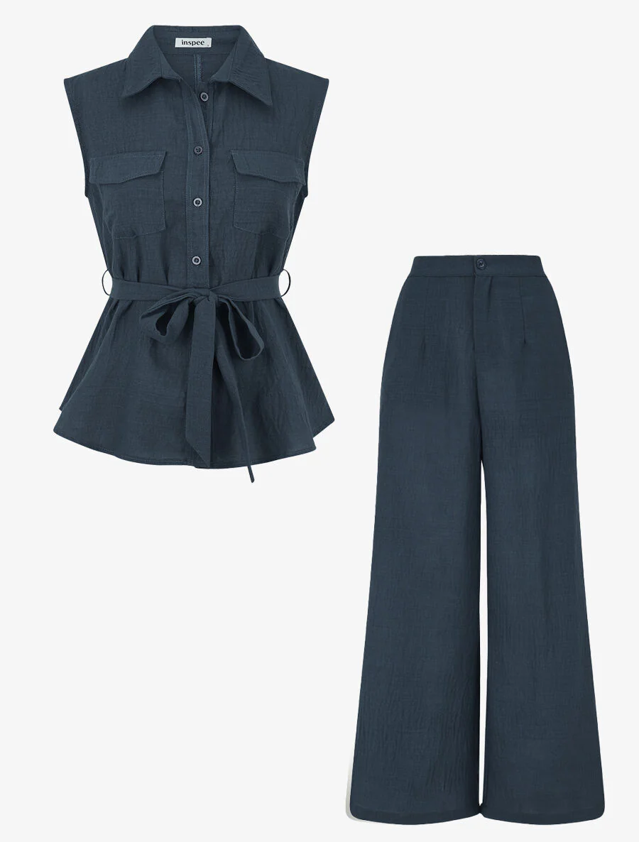 Mouwloze top en broek - Olie blauw