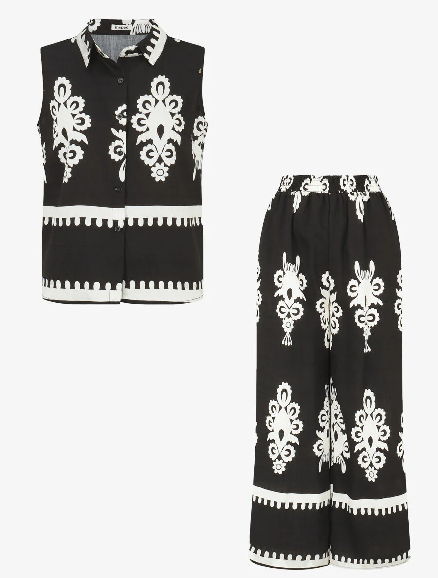 Mouwloze top en broek met ikatprint - zwart