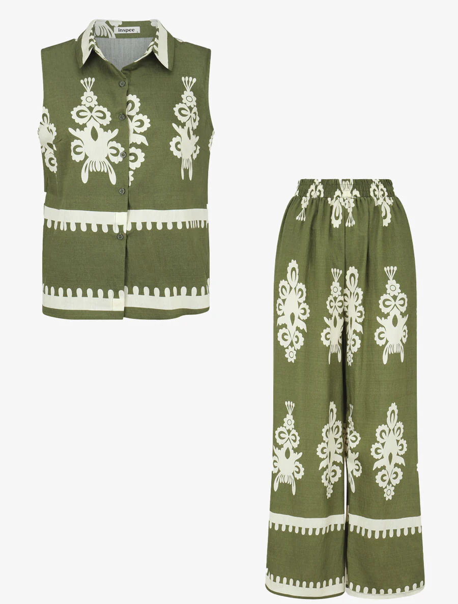 Mouwloze top en broek met ikatprint - kaki