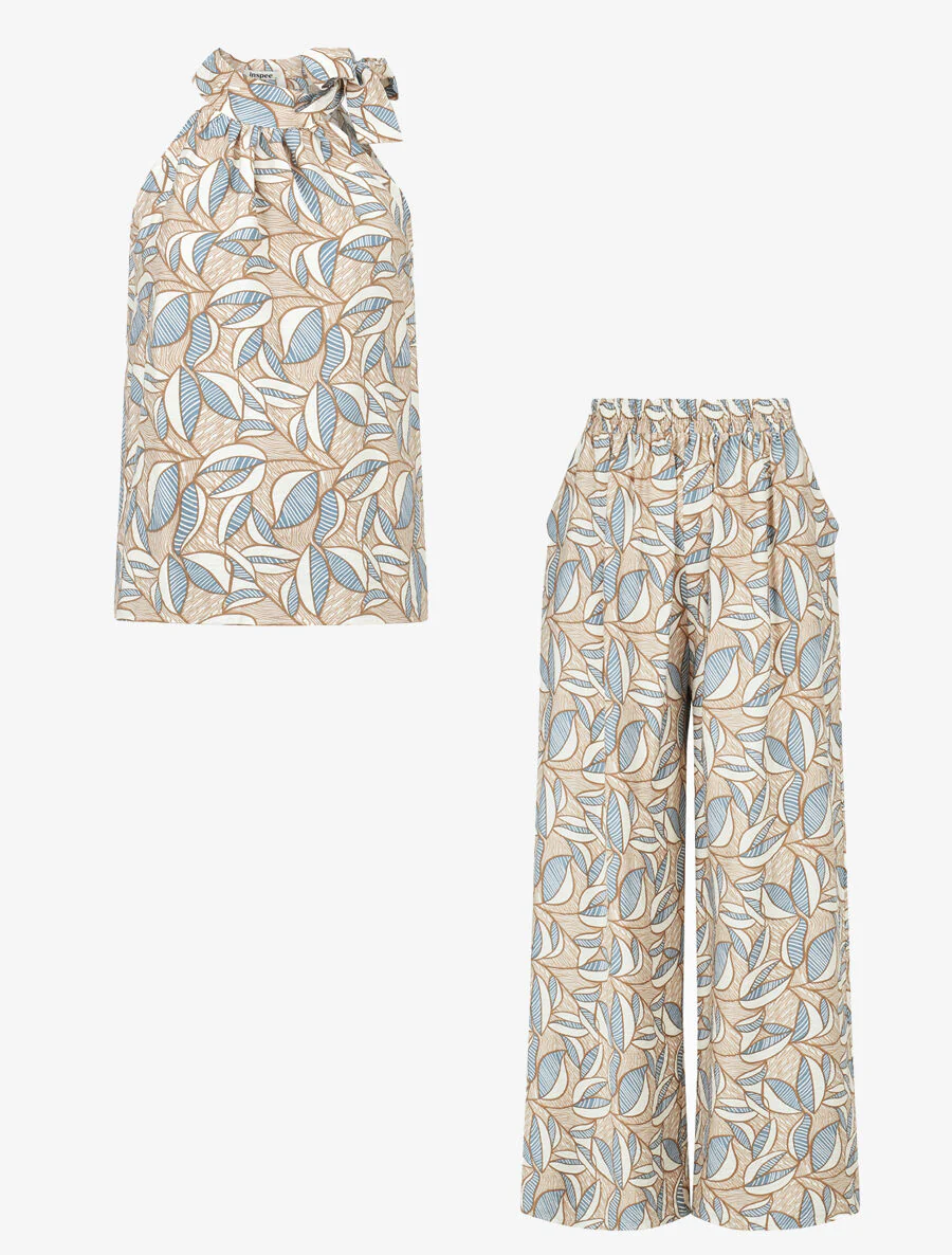 Mouwloze top en broek met waxprint - beige