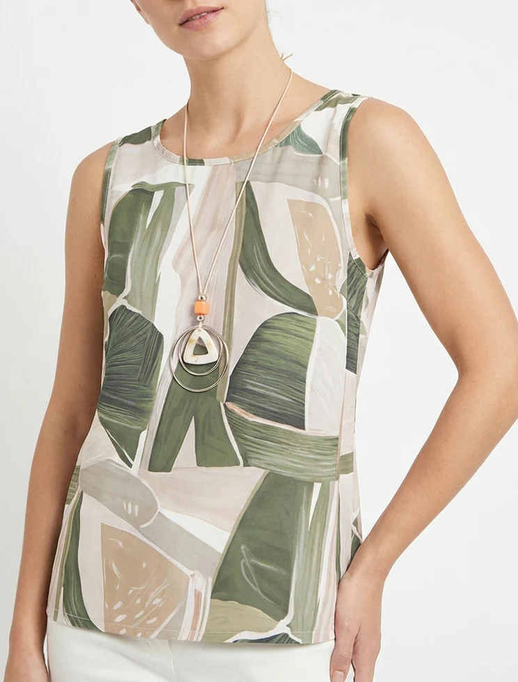 Mouwloze top met abstracte print - Kaki - Image 4