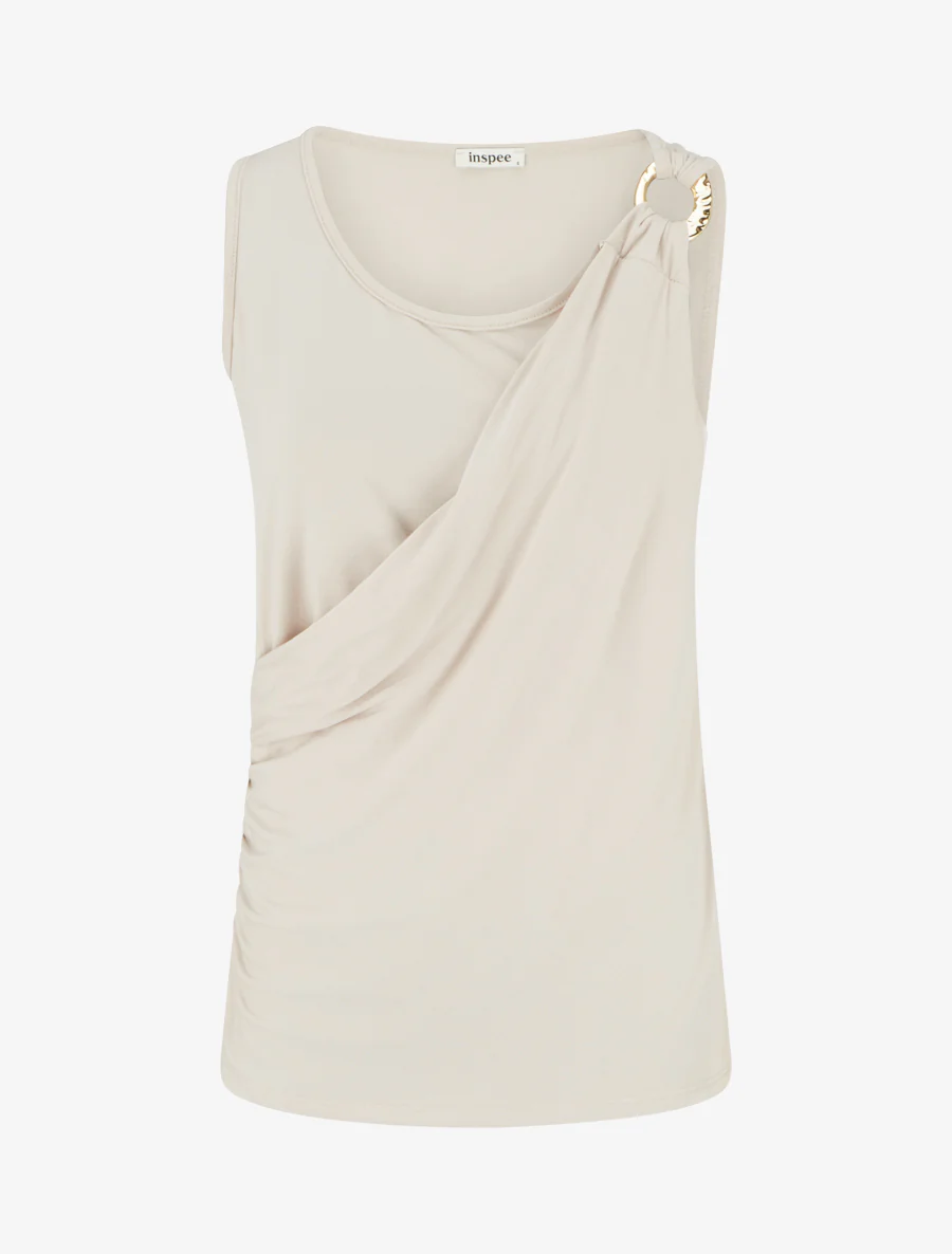 Mouwloze top met drapeereffect en sierlijke bandjes. - Beige