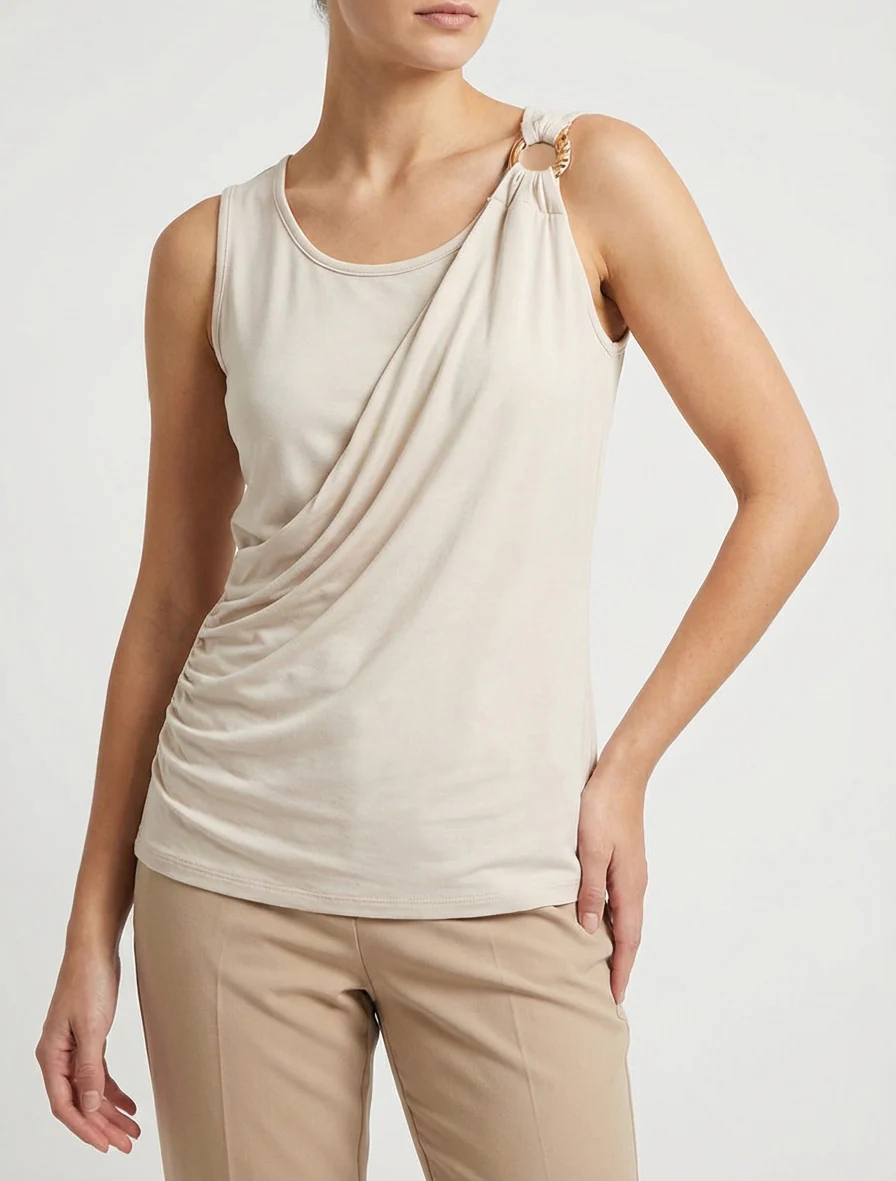 Mouwloze top met drapeereffect en sierlijke bandjes. - Beige - Image 4