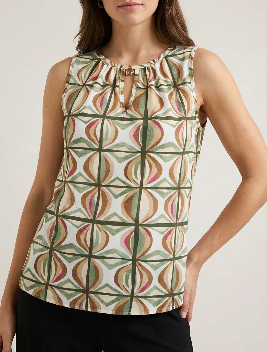 Mouwloze top met fantasieprint - Kaki - Image 4
