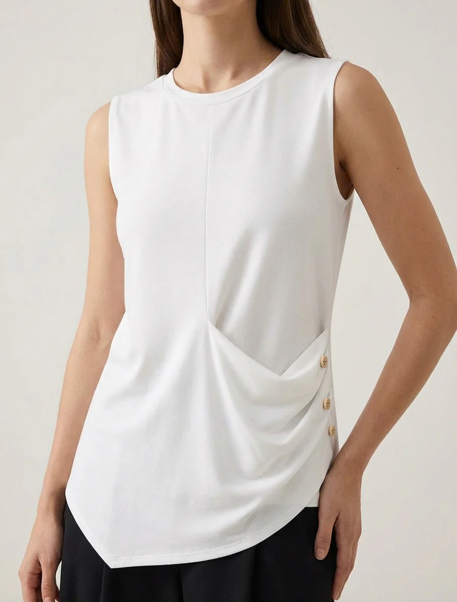 Mouwloze top met gedrapeerd effect en knopen. - Wit - Image 4