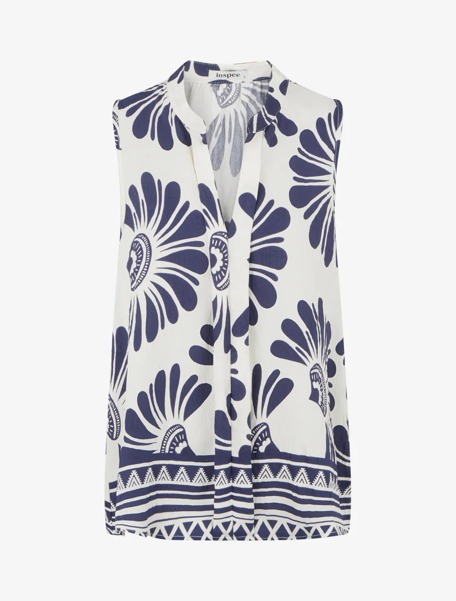 Mouwloze top met gestileerde bloemenprint - Marine