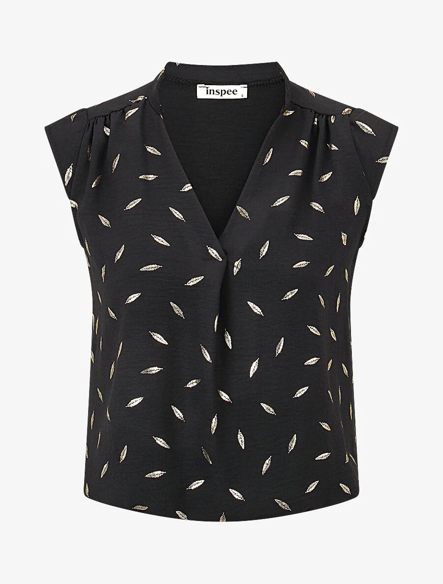 Mouwloze top met goudkleurig verenmotief - Zwart
