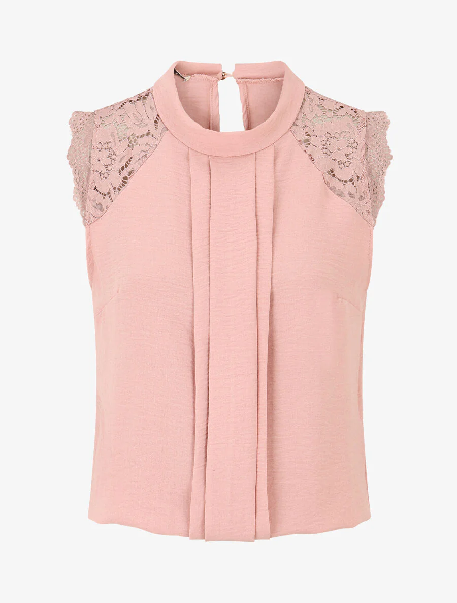 Mouwloze top met kant en geplooid detail - Roze