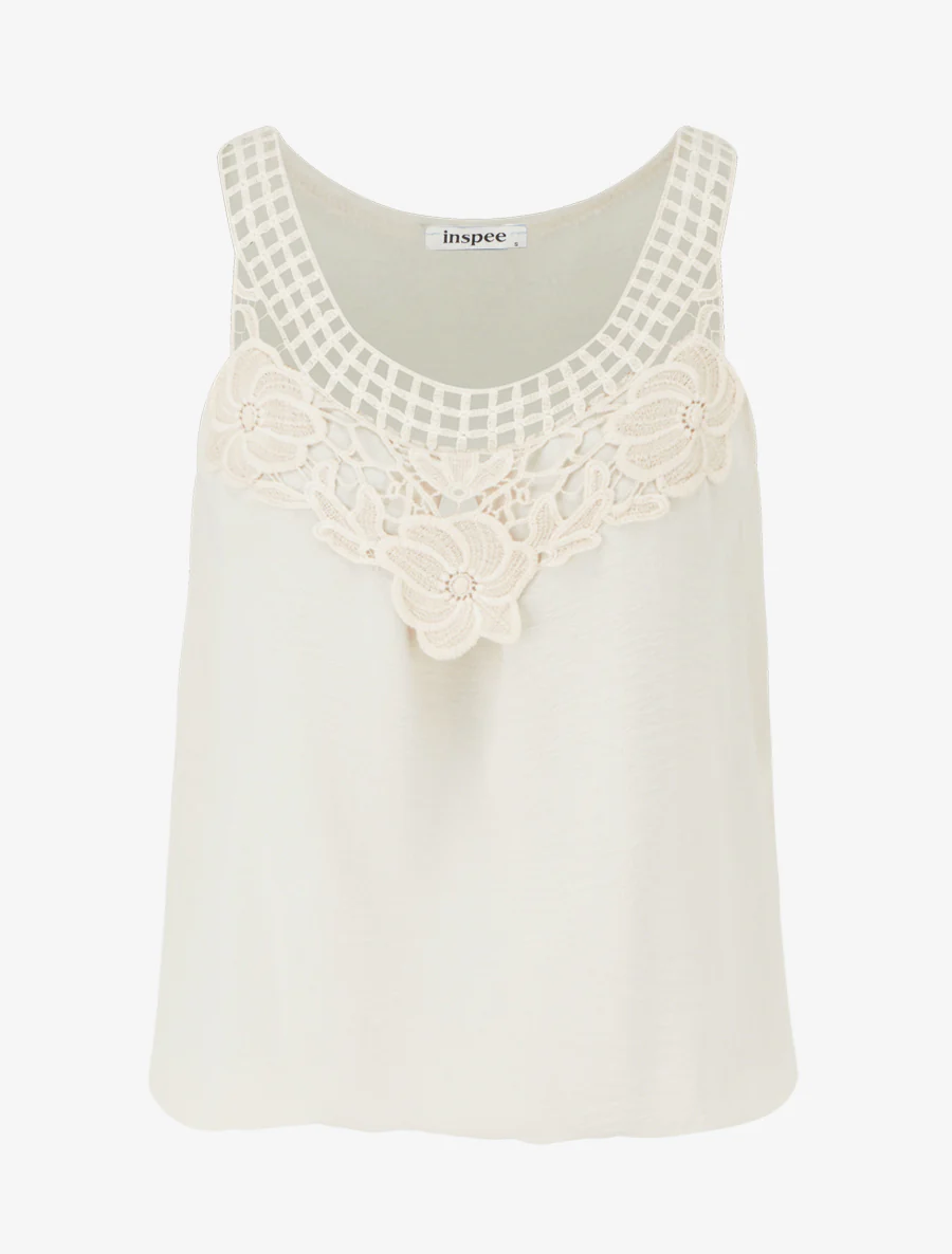 Mouwloze top met kant en haakwerk - Beige