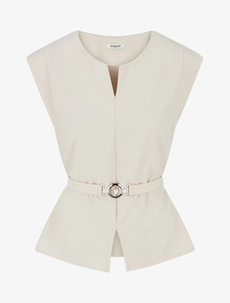 Mouwloze top met sierstuk inzet. - Beige