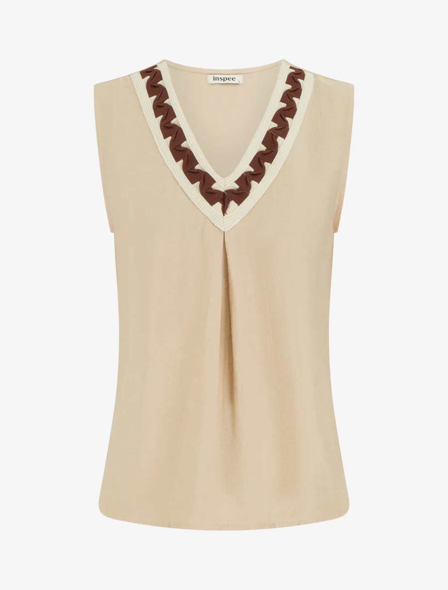 Mouwloze top met V-hals en stijlvol ontwerp. - Beige