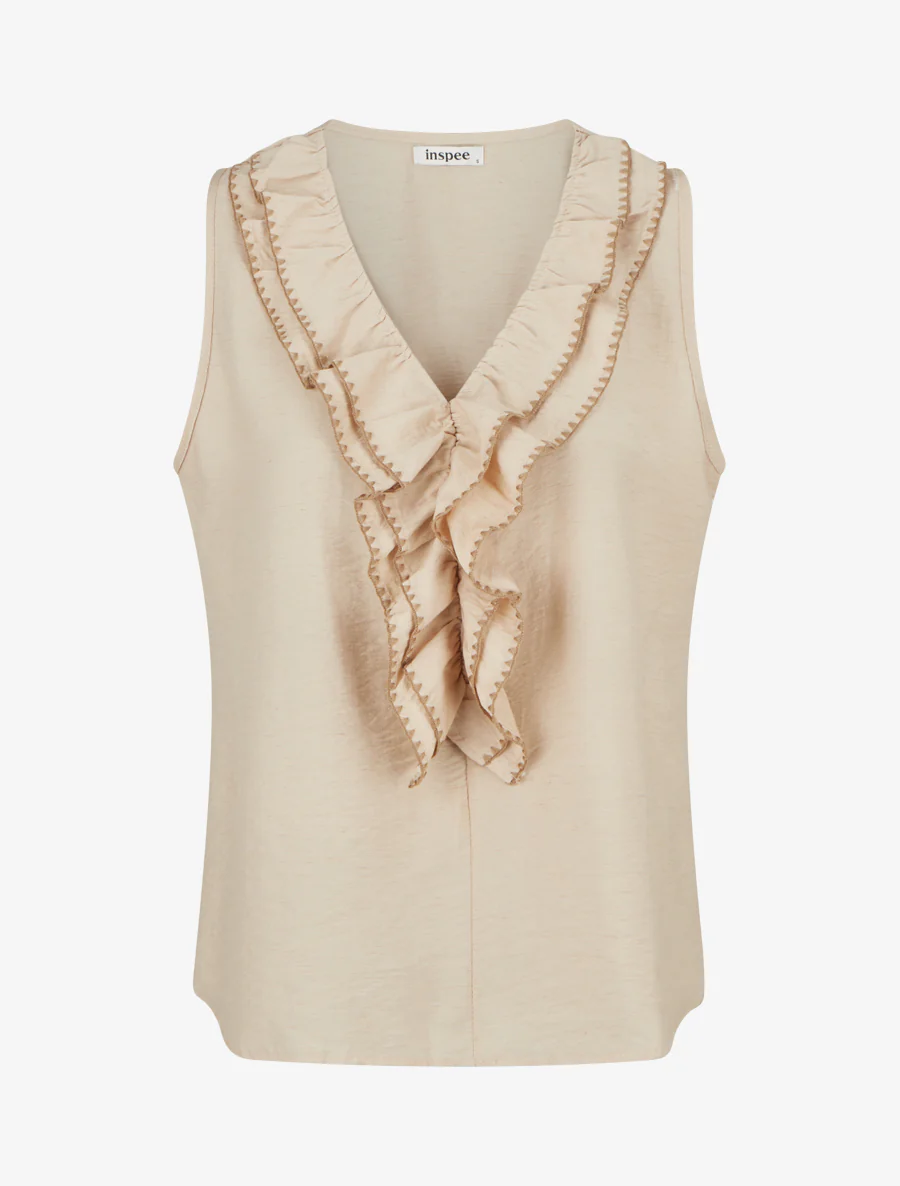 Mouwloze top met volantkraag en V-hals - Beige