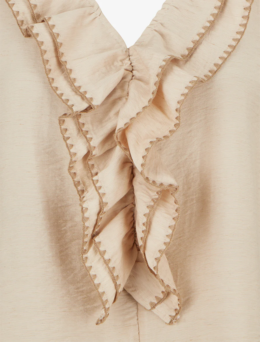 Mouwloze top met volantkraag en V-hals - Beige - Image 3