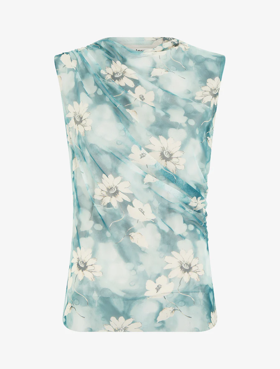 Mouwloze top van tule met bloemen. - Smaragdgroen