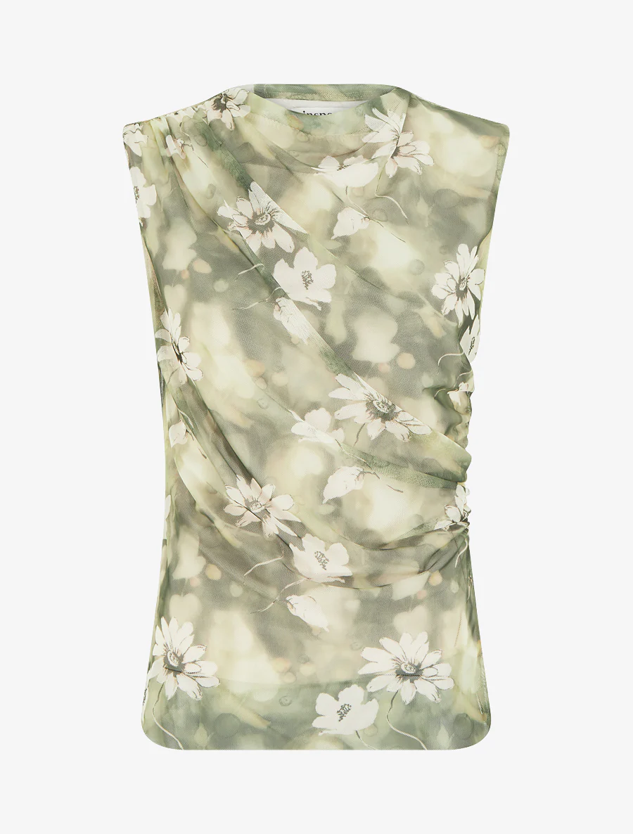 Mouwloze top van tule met bloemen. - Kaki