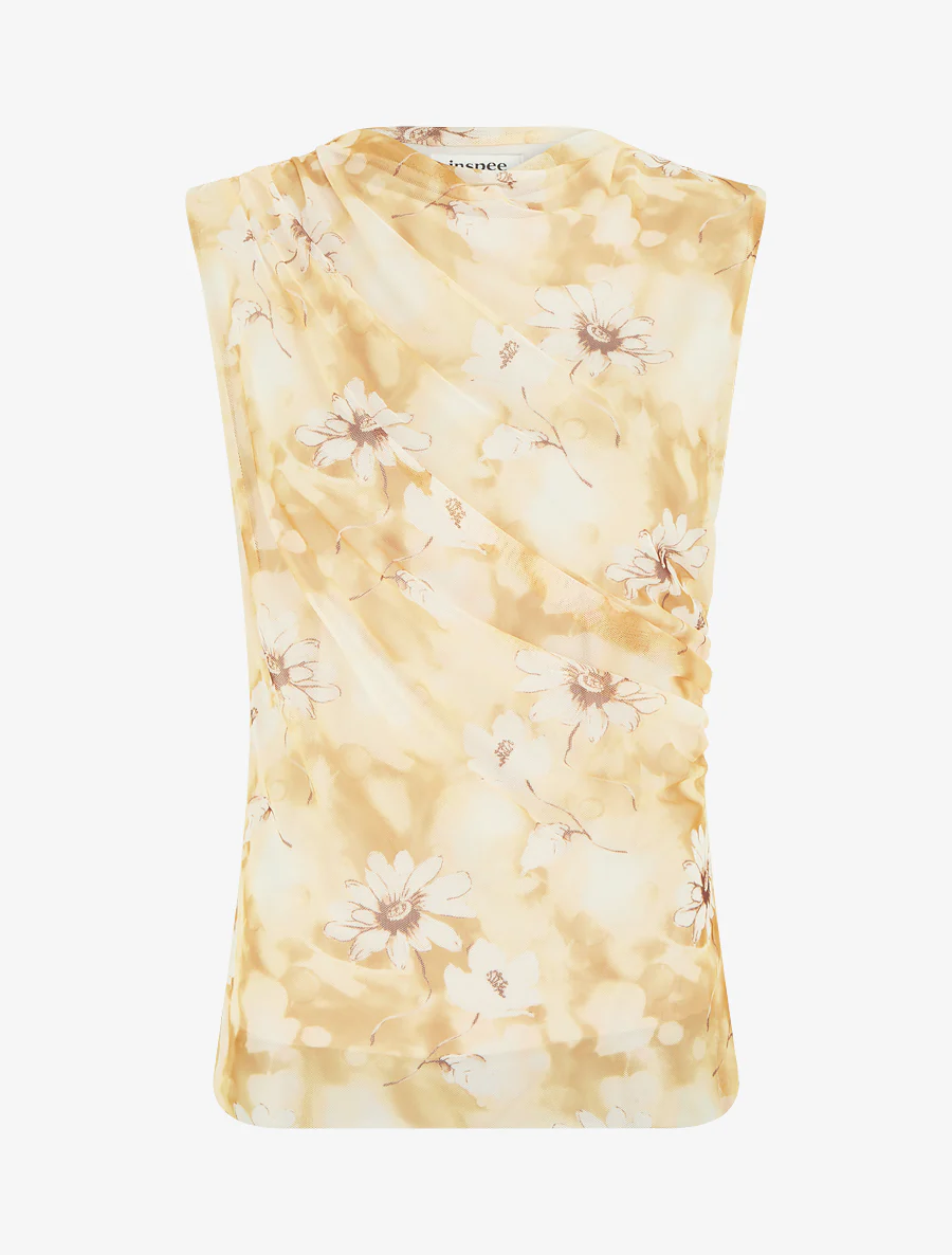 Mouwloze top van tule met bloemen. - Geel